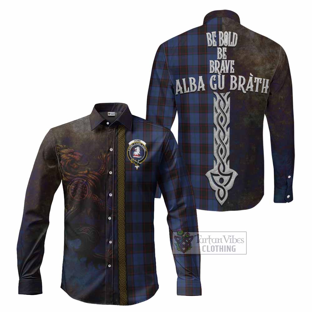 Tartan Vibes Clothing Home (Hume) Tartan Family Crest Long Sleeve Button Shirt Alba Gu Brath Be Brave Lion Ancient Style