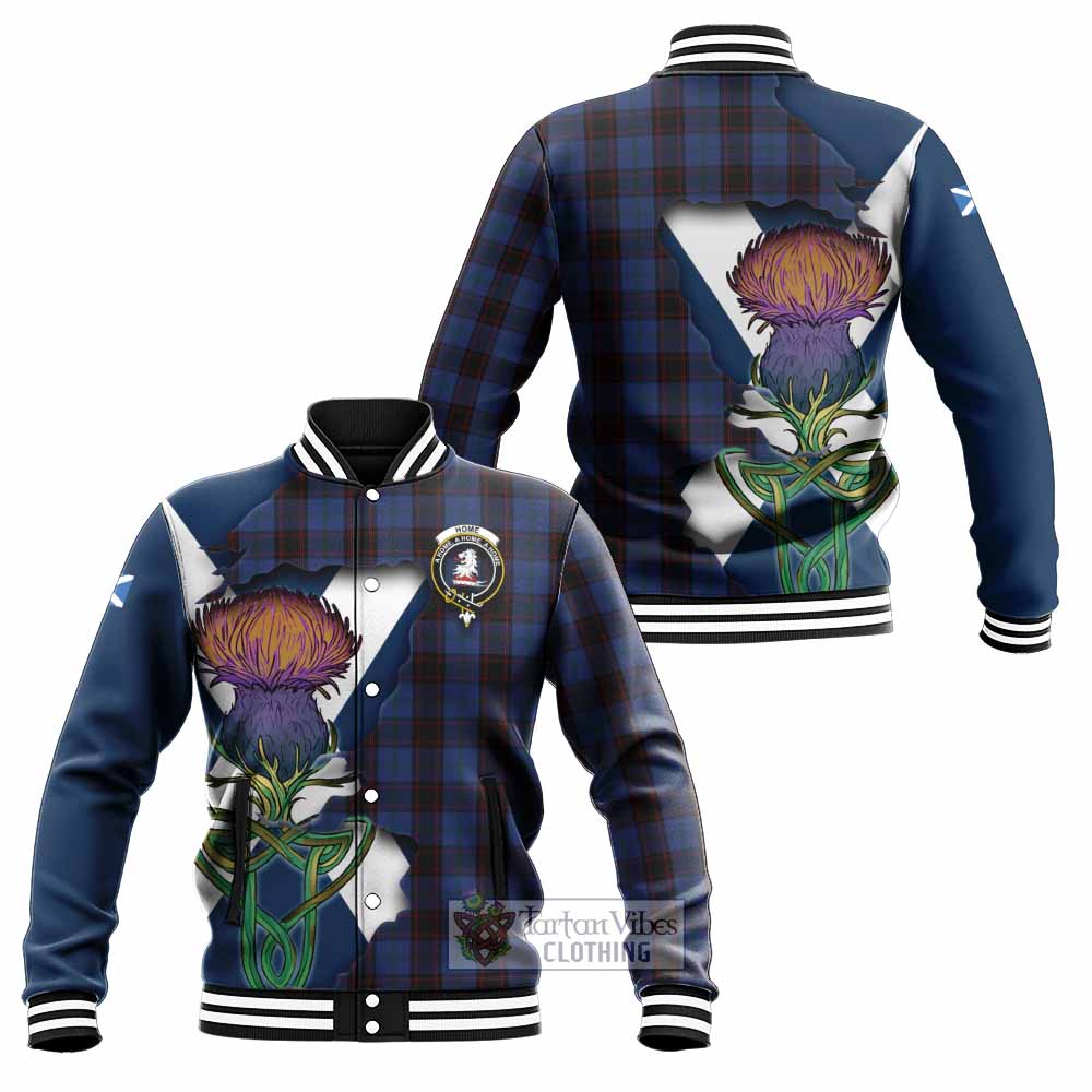 Tartan Vibes Clothing Home (Hume) Tartan Family Crest Baseball Jacket Scottish Thistle Celtic Inspired