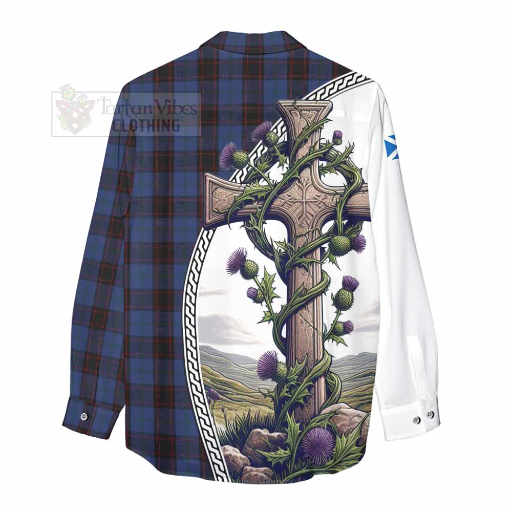 Tartan Vibes Clothing Home (Hume) Tartan Women's Casual Shirt with Family Crest and St. Andrew's Cross Accented by Thistle Vines