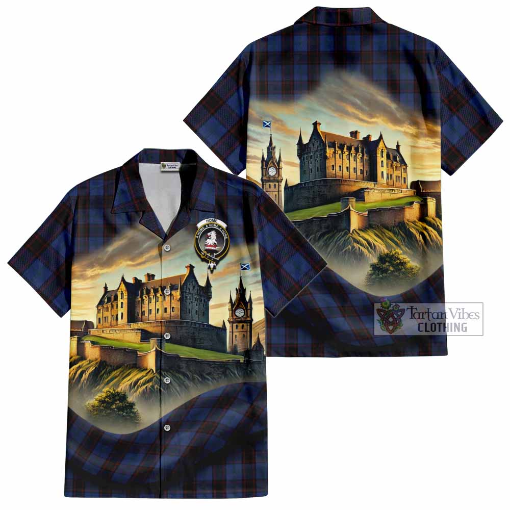 Tartan Vibes Clothing Home (Hume) Tartan Family Crest Short Sleeve Button Shirt with Scottish Ancient Castle Style