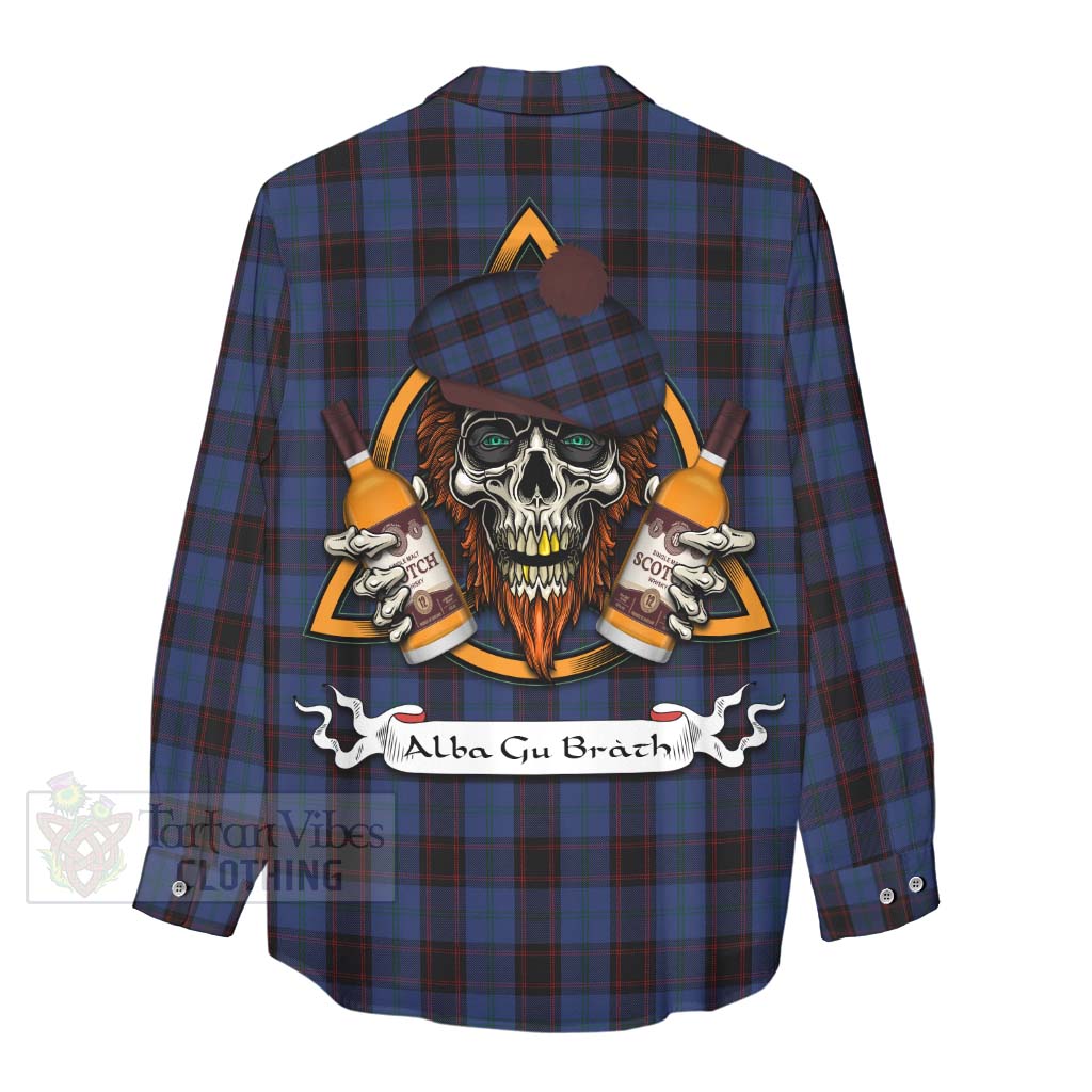 Tartan Vibes Clothing Home (Hume) Tartan Women's Casual Shirt with Family Crest and Bearded Skull Holding Bottles of Whiskey