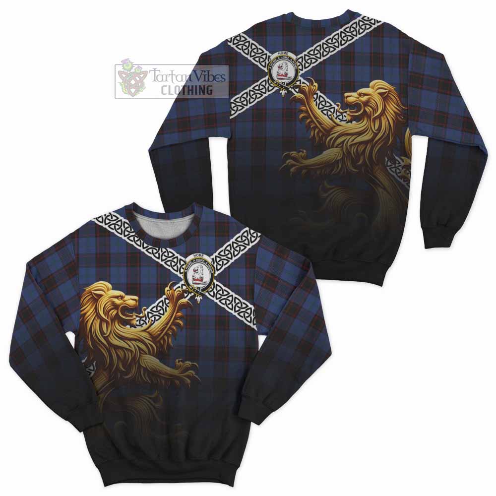 Tartan Vibes Clothing Home (Hume) Crest Tartan Sweatshirt with Golden Lion Emblem Celtic Style
