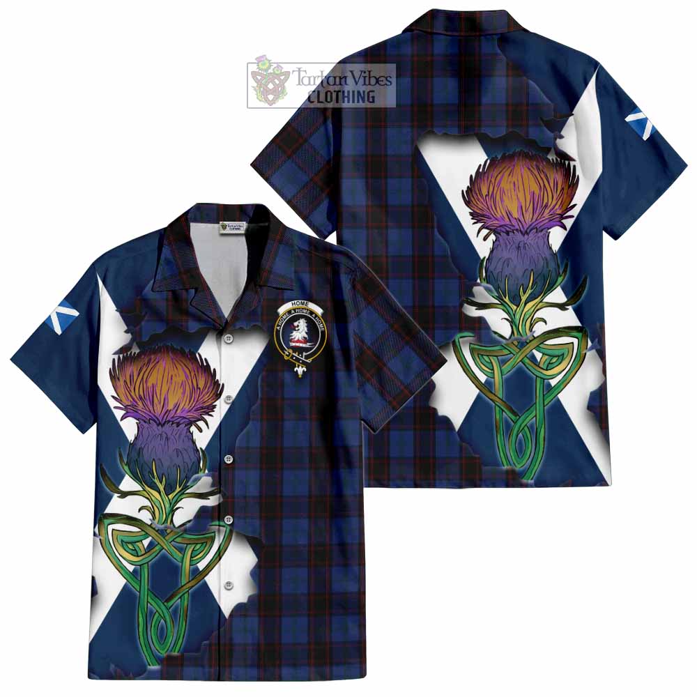 Tartan Vibes Clothing Home (Hume) Tartan Family Crest Short Sleeve Button Shirt Scottish Thistle Celtic Inspired