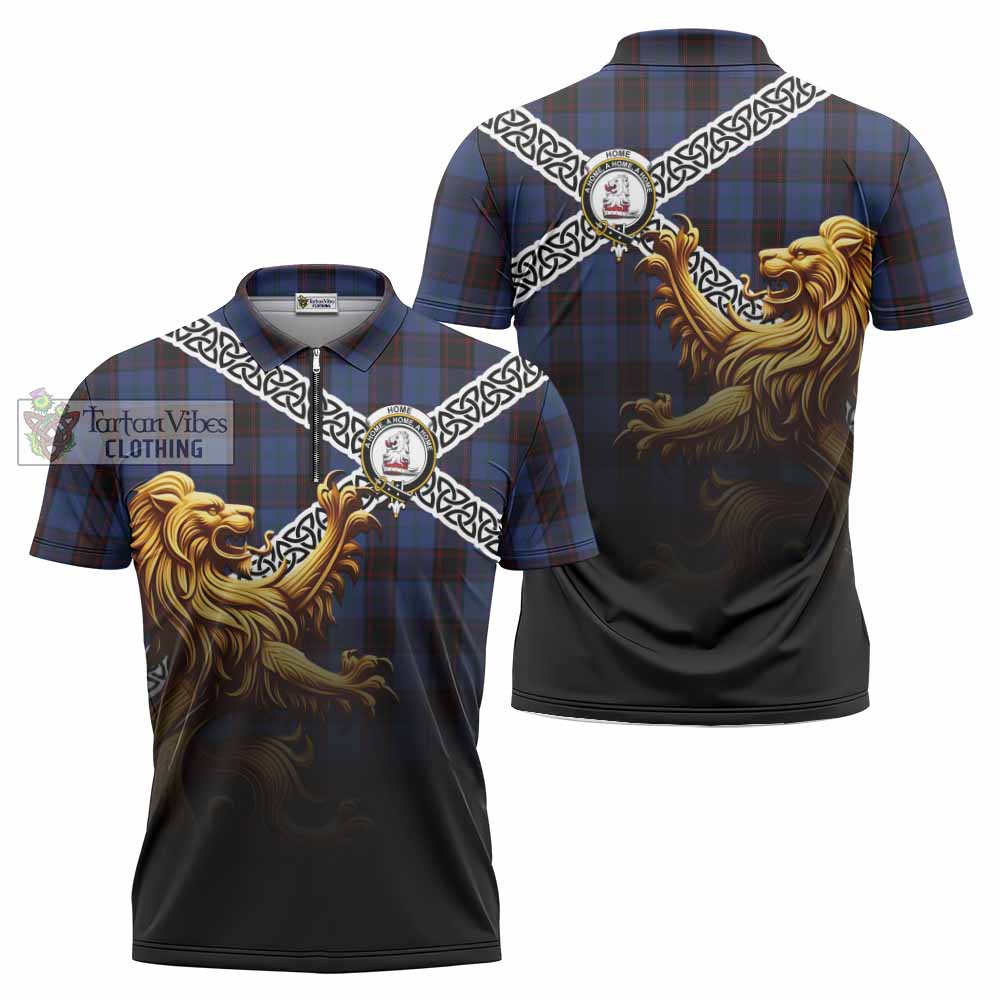 Tartan Vibes Clothing Home (Hume) Crest Tartan Zipper Polo Shirt with Golden Lion Emblem Celtic Style