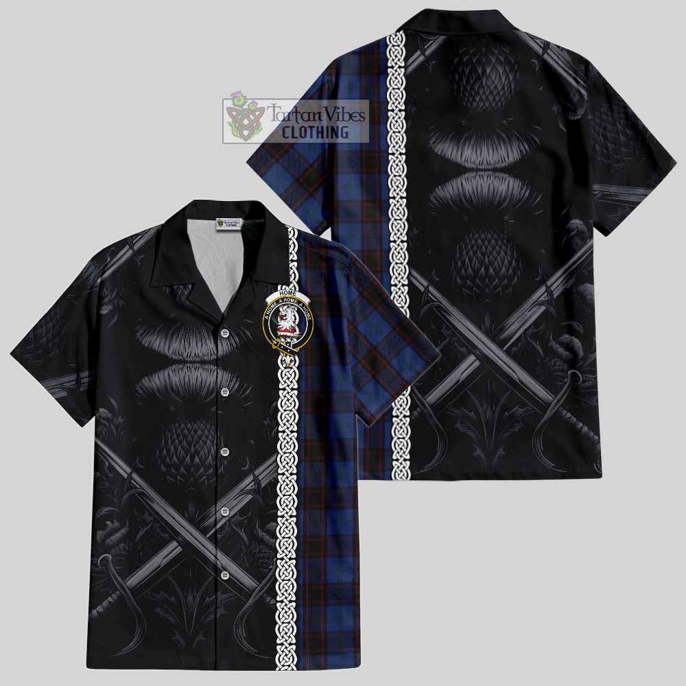 Tartan Vibes Clothing Home (Hume) Tartan Short Sleeve Button Shirt with Family Crest Cross Sword Thistle Celtic Vibes