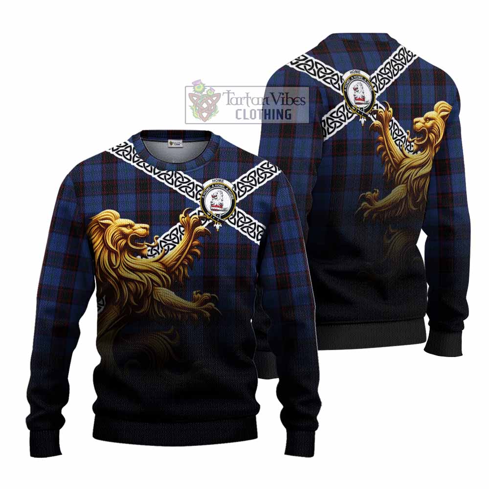 Tartan Vibes Clothing Home (Hume) Crest Tartan Knitted Sweater with Golden Lion Emblem Celtic Style