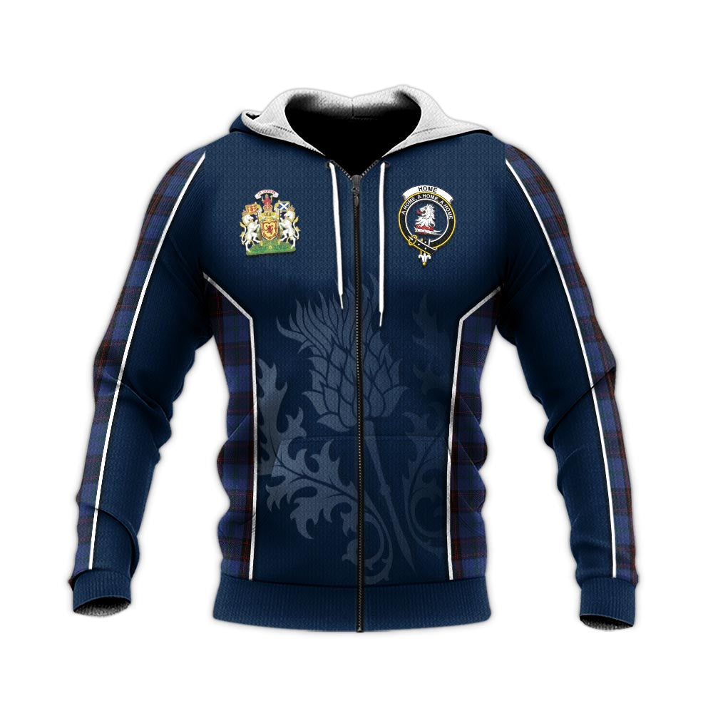 Tartan Vibes Clothing Home (Hume) Tartan Knitted Hoodie with Family Crest and Scottish Thistle Vibes Sport Style