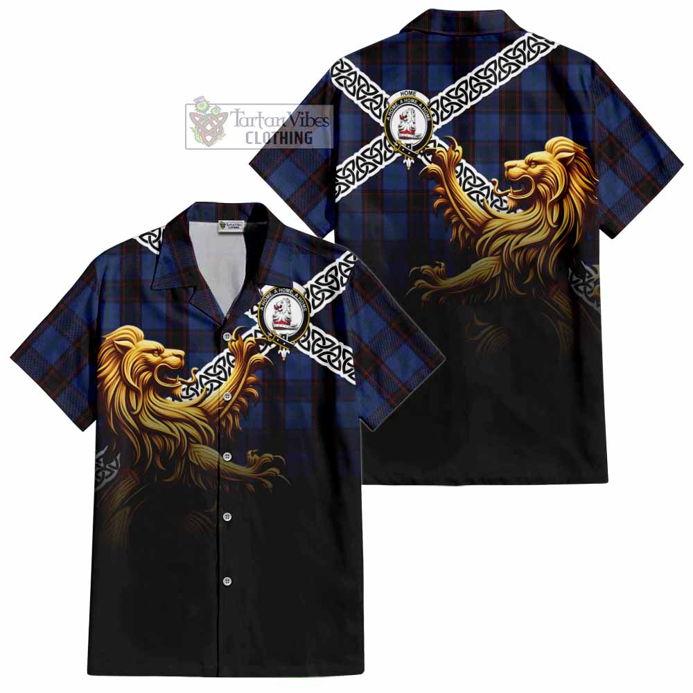Tartan Vibes Clothing Home (Hume) Crest Tartan Short Sleeve Button Shirt with Golden Lion Emblem Celtic Style