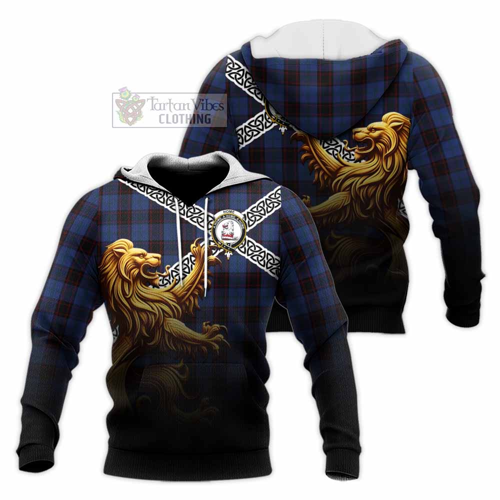 Tartan Vibes Clothing Home (Hume) Crest Tartan Knitted Hoodie with Golden Lion Emblem Celtic Style