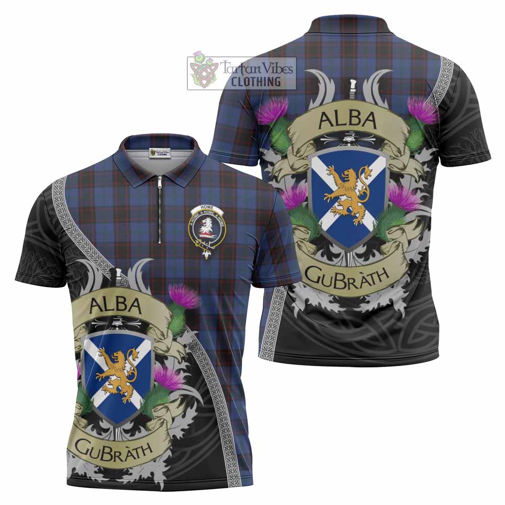 Tartan Vibes Clothing Home (Hume) Tartan Family Crest Zipper Polo Shirt Lion Rampant Royal Thistle Shield Celtic Inspired
