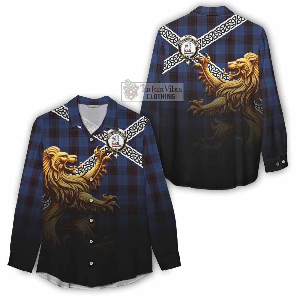 Tartan Vibes Clothing Home (Hume) Crest Tartan Women's Casual Shirt with Golden Lion Emblem Celtic Style