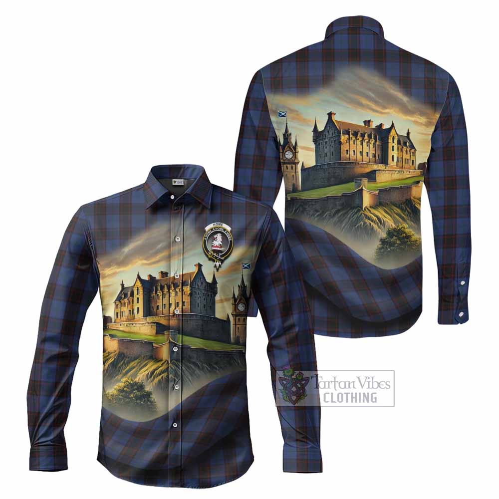 Home (Hume) Tartan Family Crest Long Sleeve Button Shirt with Scottish Ancient Castle Style - Tartan Vibes Clothing