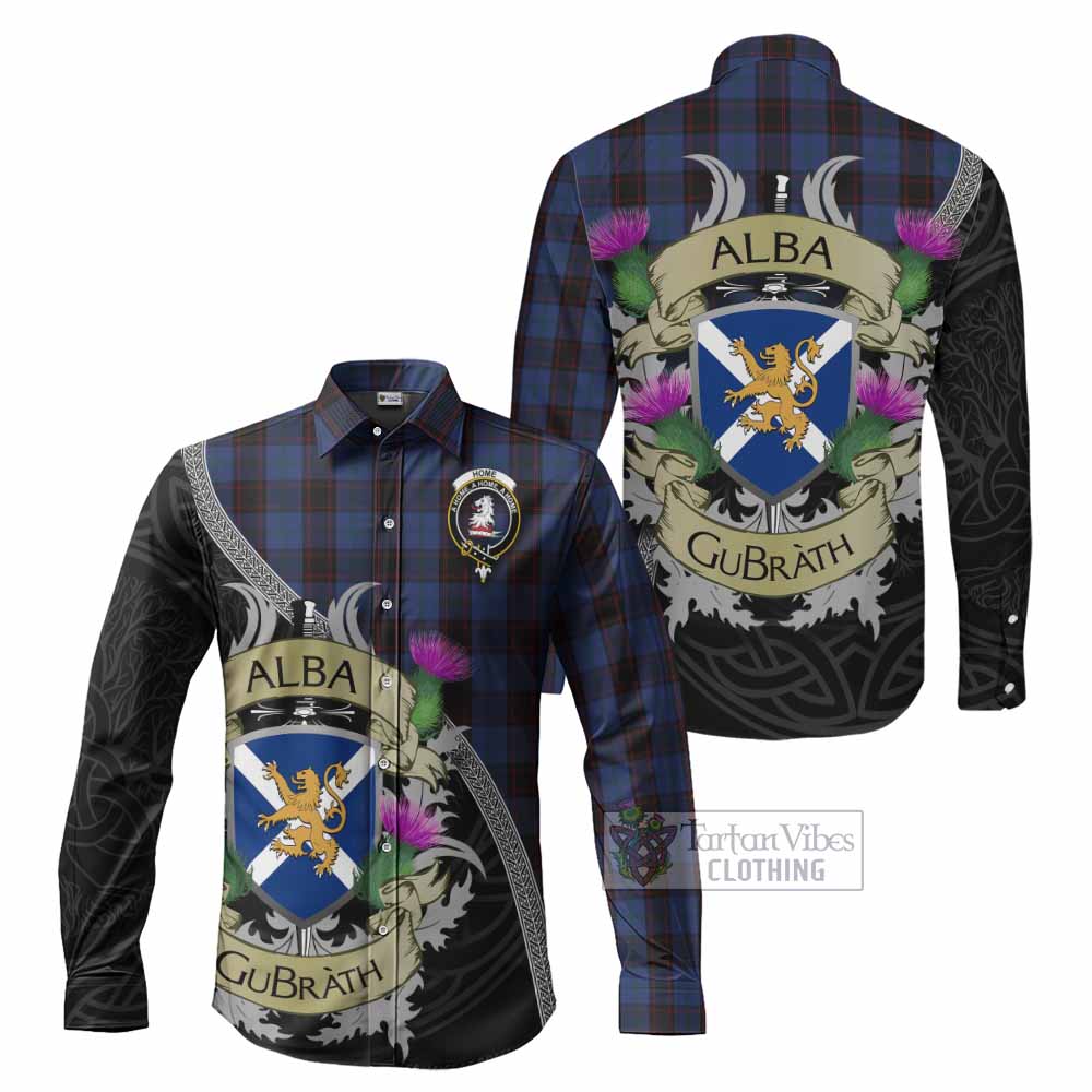 Tartan Vibes Clothing Home (Hume) Tartan Family Crest Long Sleeve Button Shirt Lion Rampant Royal Thistle Shield Celtic Inspired