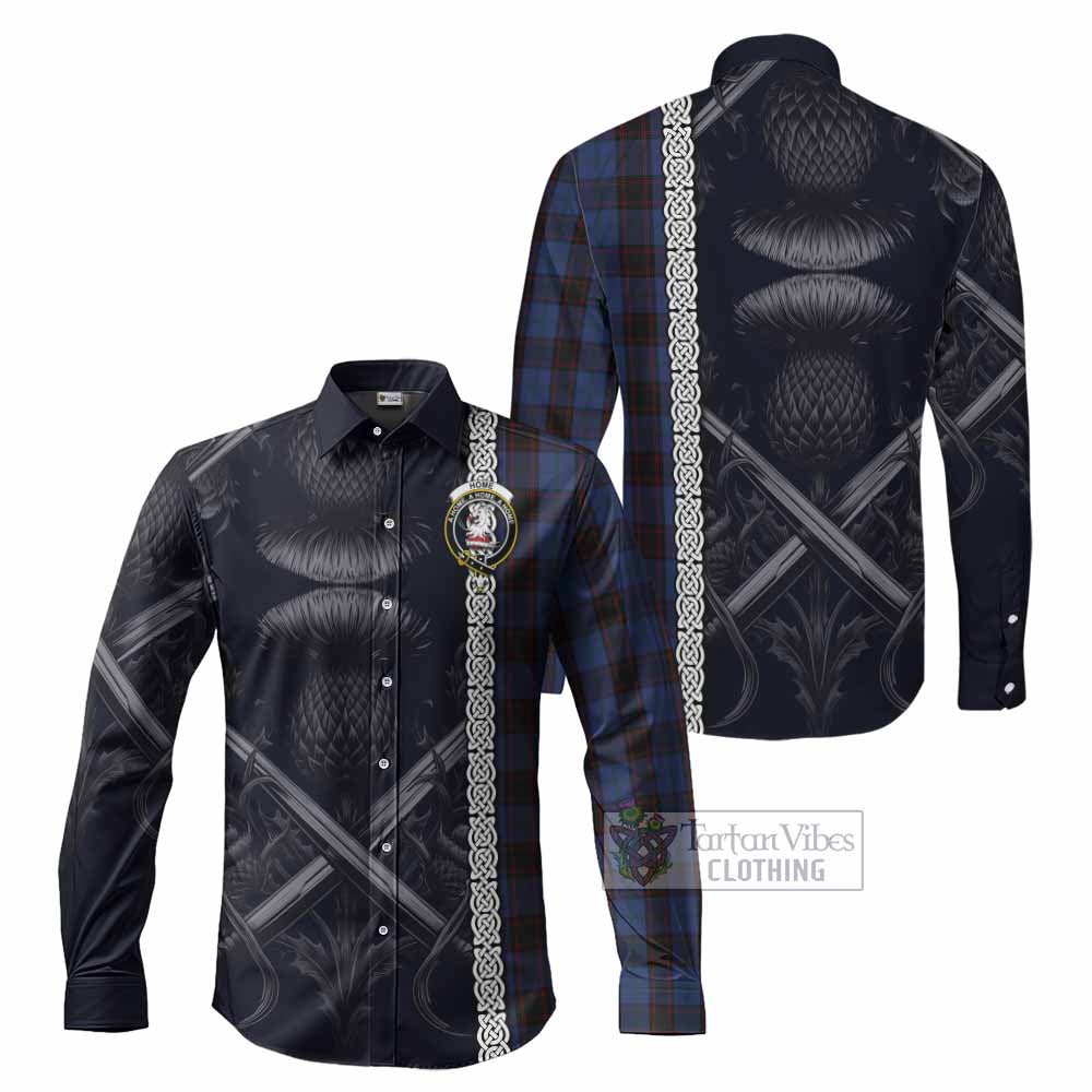 Tartan Vibes Clothing Home (Hume) Tartan Long Sleeve Button Shirt with Family Crest Cross Sword Thistle Celtic Vibes