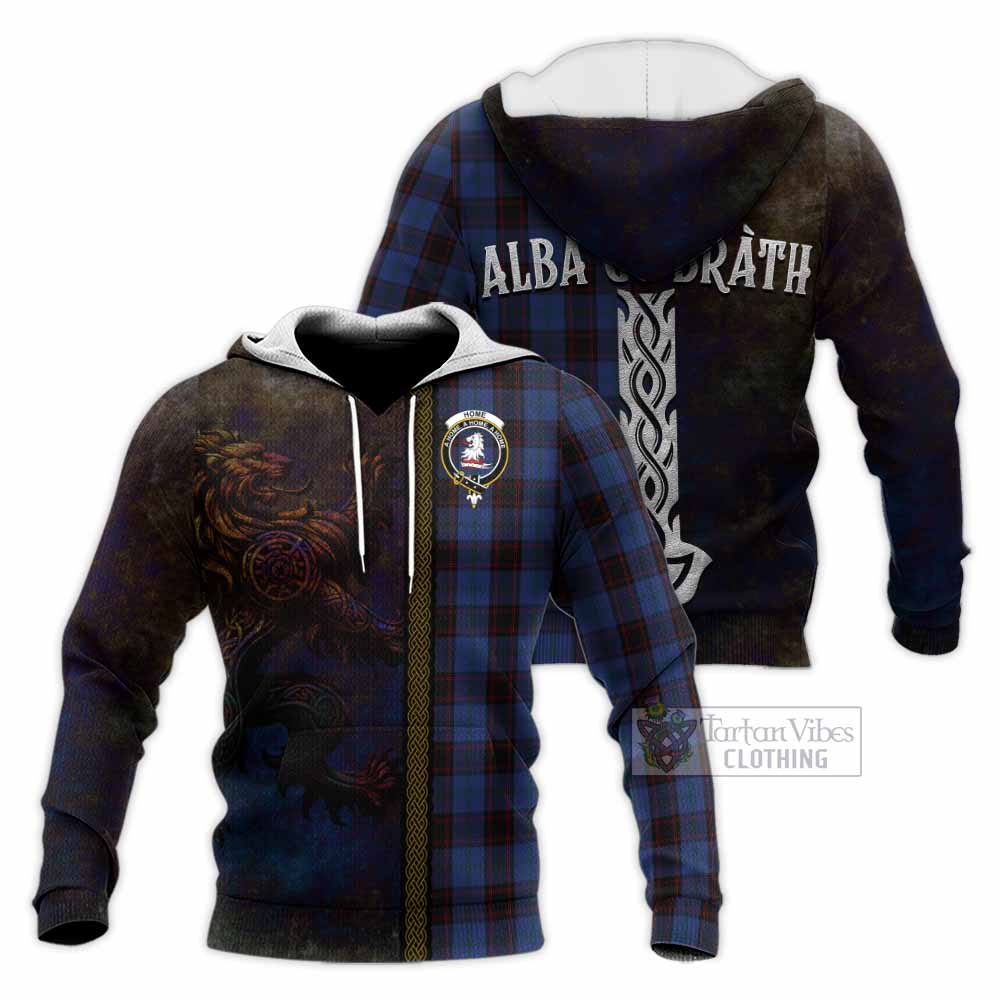Tartan Vibes Clothing Home (Hume) Tartan Family Crest Knitted Hoodie Alba Gu Brath Be Brave Lion Ancient Style