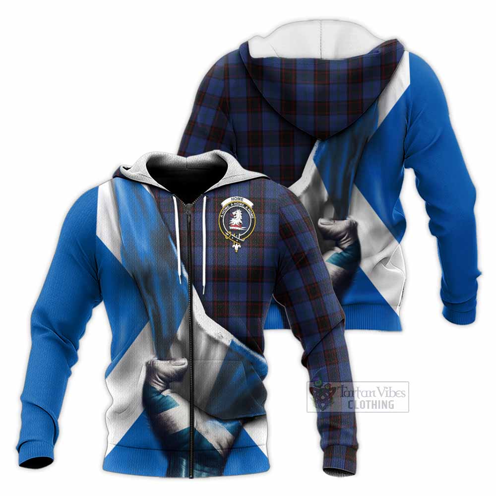 Tartan Vibes Clothing Home (Hume) Tartan Knitted Hoodie with Family Crest Scotland Patriotic Style