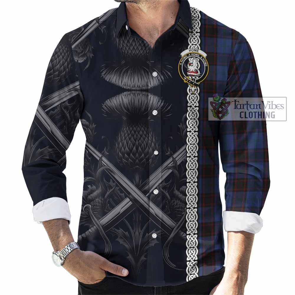 Tartan Vibes Clothing Home (Hume) Tartan Long Sleeve Button Shirt with Family Crest Cross Sword Thistle Celtic Vibes
