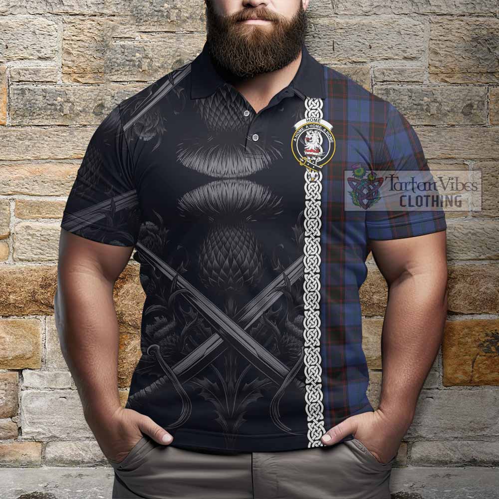 Tartan Vibes Clothing Home (Hume) Tartan Polo Shirt with Family Crest Cross Sword Thistle Celtic Vibes