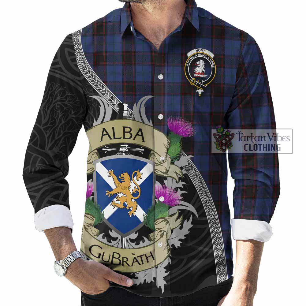 Tartan Vibes Clothing Home (Hume) Tartan Family Crest Long Sleeve Button Shirt Lion Rampant Royal Thistle Shield Celtic Inspired
