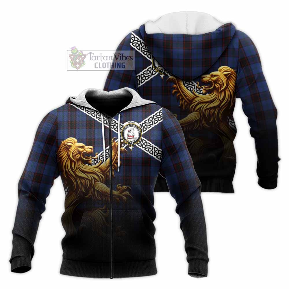 Tartan Vibes Clothing Home (Hume) Crest Tartan Knitted Hoodie with Golden Lion Emblem Celtic Style
