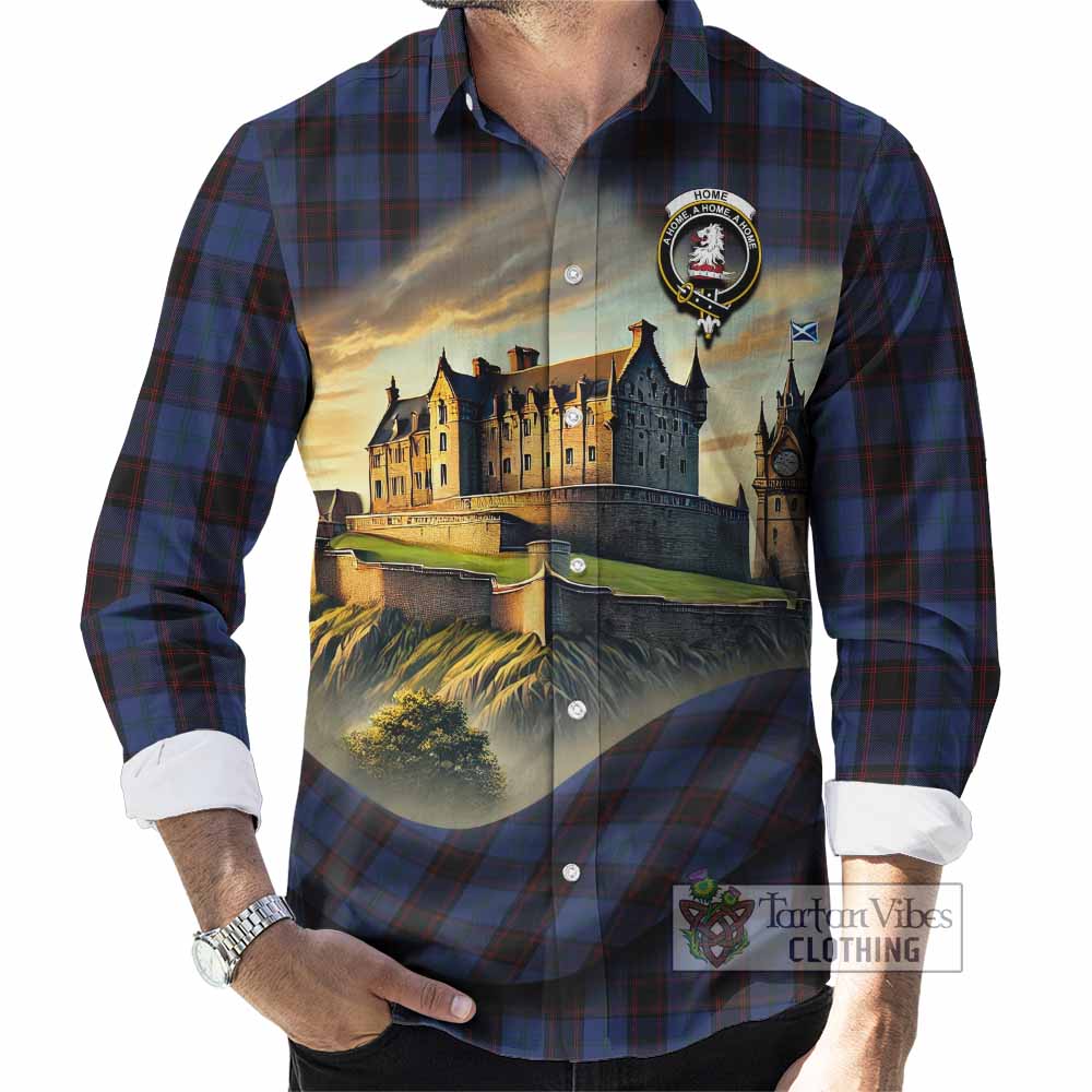 Home (Hume) Tartan Family Crest Long Sleeve Button Shirt with Scottish Ancient Castle Style - Tartan Vibes Clothing