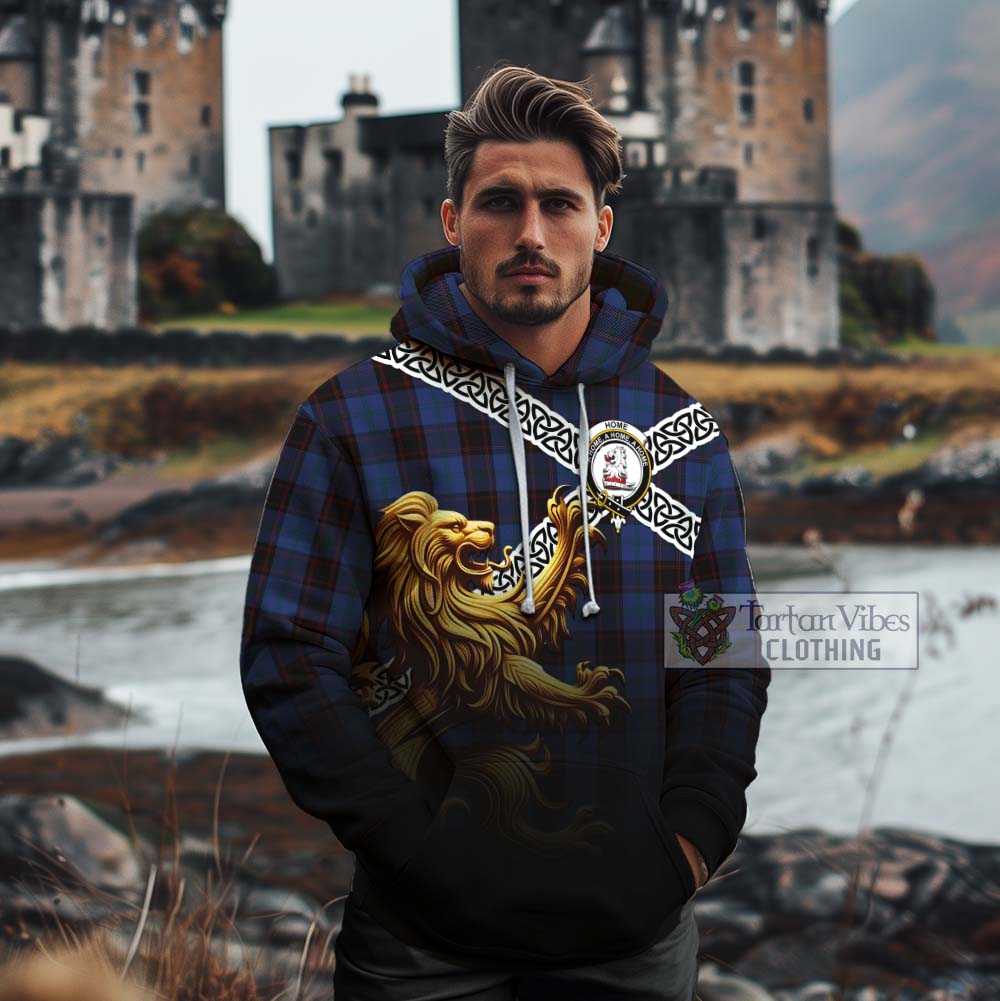 Tartan Vibes Clothing Home (Hume) Crest Tartan Cotton Hoodie with Golden Lion Emblem Celtic Style
