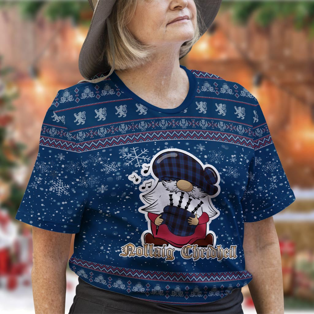 Home (Hume) Clan Christmas Family T-Shirt with Funny Gnome Playing Bagpipes Women's Shirt Blue - Tartanvibesclothing