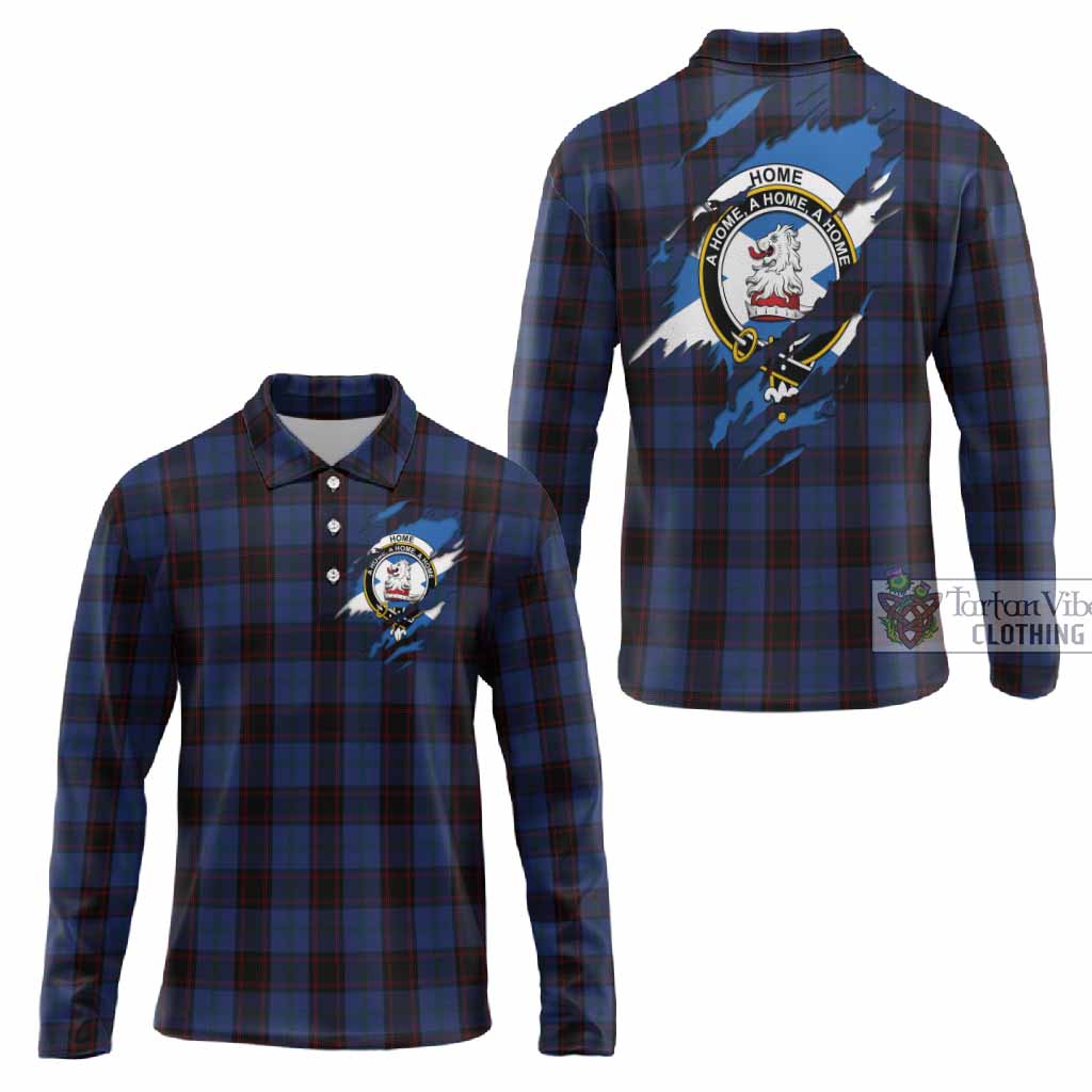 Home (Hume) Clan Crest In Me Tartan Long Sleeve Polo Shirt Scotland Flag Style