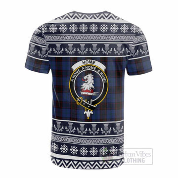 Home (Hume) Clan Tartan Christmas Cotton T-shirt with Family Crest