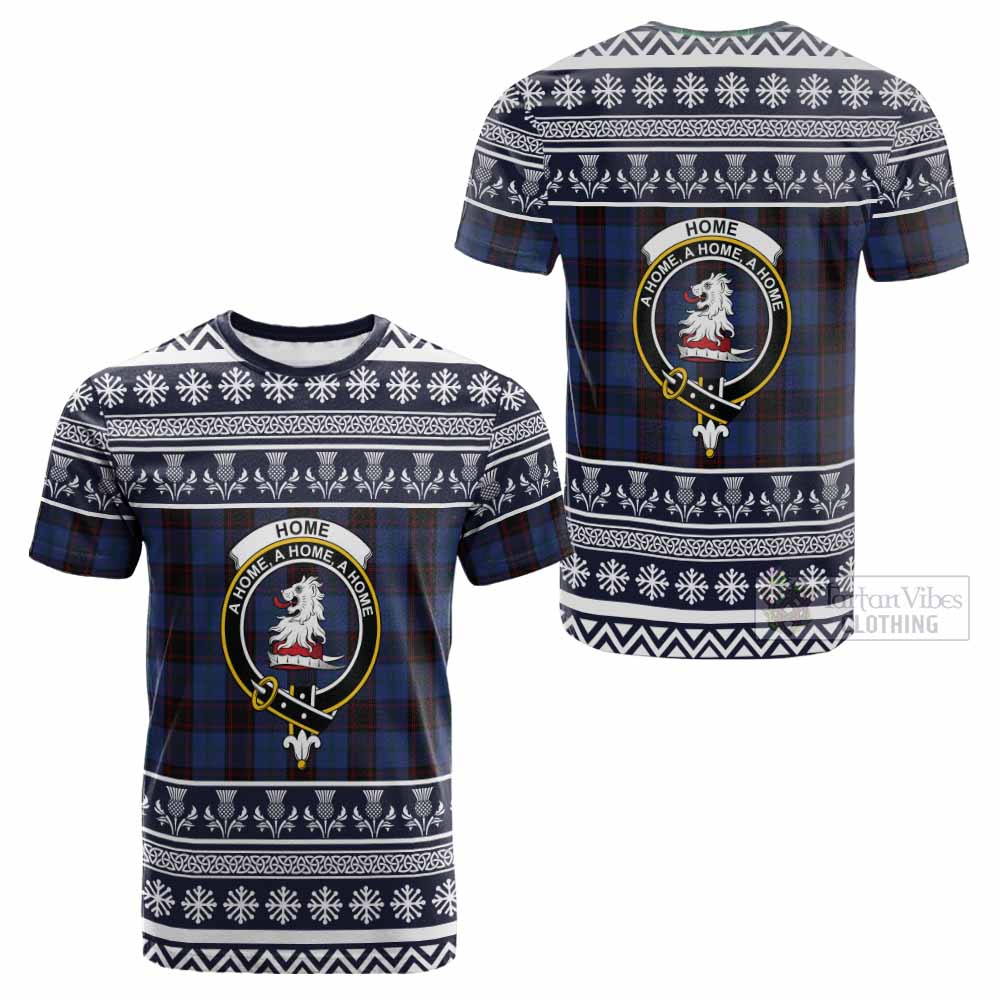 Home (Hume) Clan Tartan Christmas Cotton T-shirt with Family Crest - Tartan Vibes Clothing