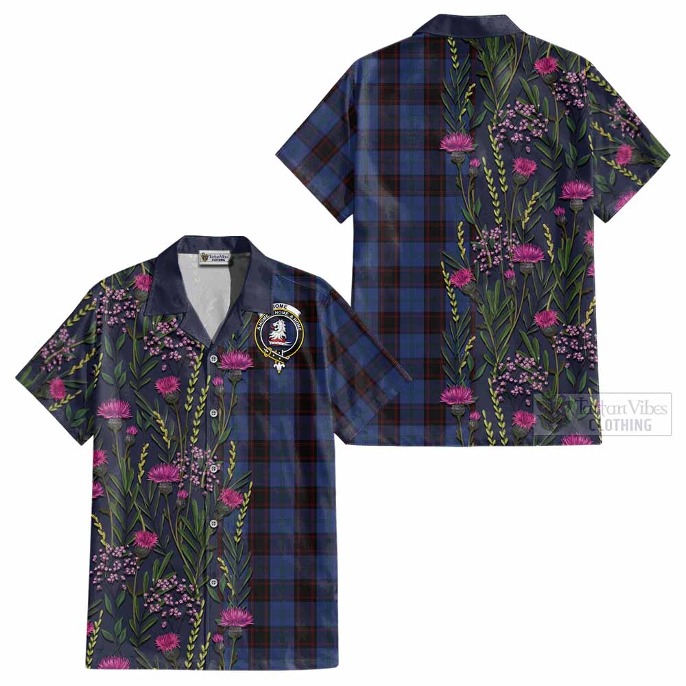 Home (Hume) Family Crest Tartan Cotton Hawaiian Shirt Scottish Thistle Flower Pattern Half Style - Tartan Vibes Clothing