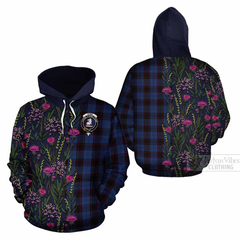 Home (Hume) Family Crest Tartan Cotton Hoodie Scottish Thistle Flower Pattern Half Style - Tartan Vibes Clothing