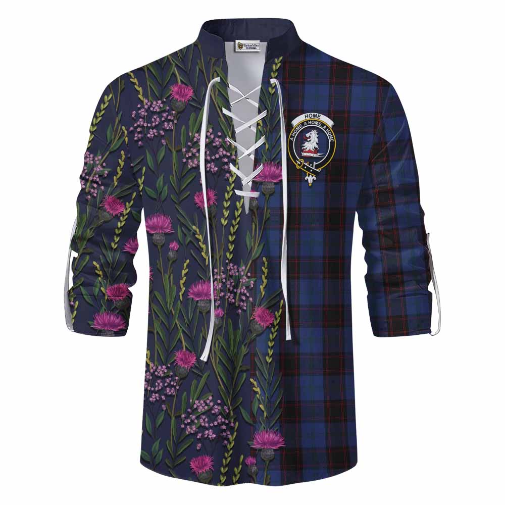 Home (Hume) Family Crest Tartan Ghillie Shirt Scottish Thistle Flower Pattern Half Style - Tartan Vibes Clothing