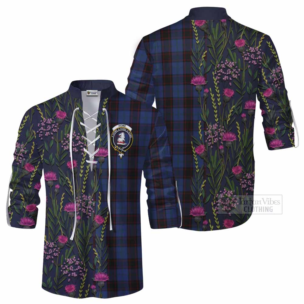 Home (Hume) Family Crest Tartan Ghillie Shirt Scottish Thistle Flower Pattern Half Style - Tartan Vibes Clothing