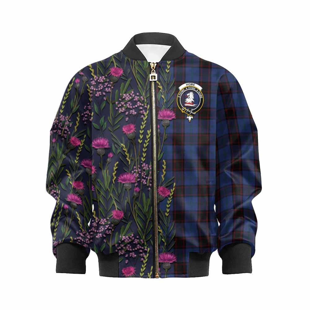 Home (Hume) Family Crest Tartan Kid Bomber Jacket Scottish Thistle Flower Pattern Half Style - Tartan Vibes Clothing