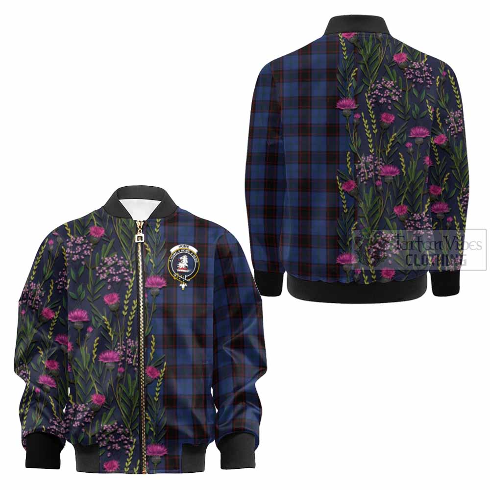 Home (Hume) Family Crest Tartan Kid Bomber Jacket Scottish Thistle Flower Pattern Half Style - Tartan Vibes Clothing