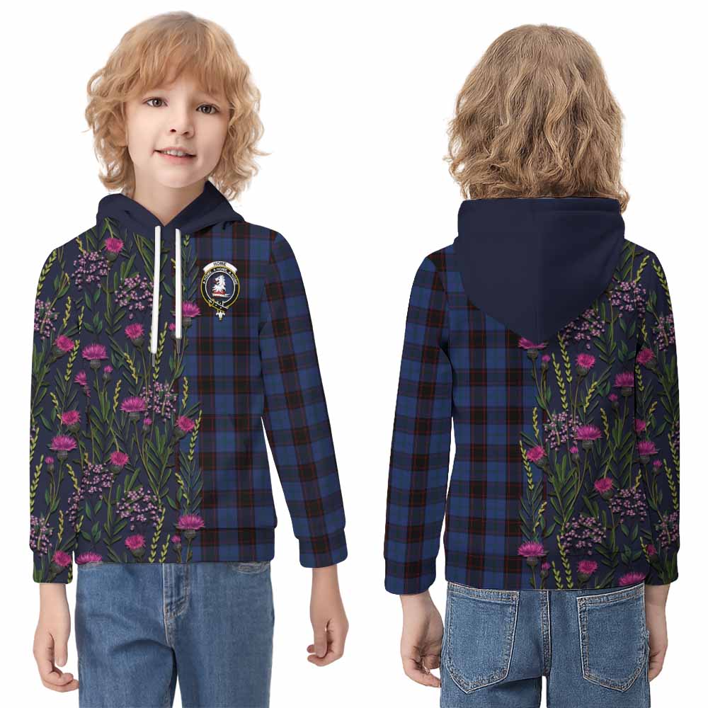Home (Hume) Family Crest Tartan Kid Hoodie Scottish Thistle Flower Pattern Half Style - Tartan Vibes Clothing