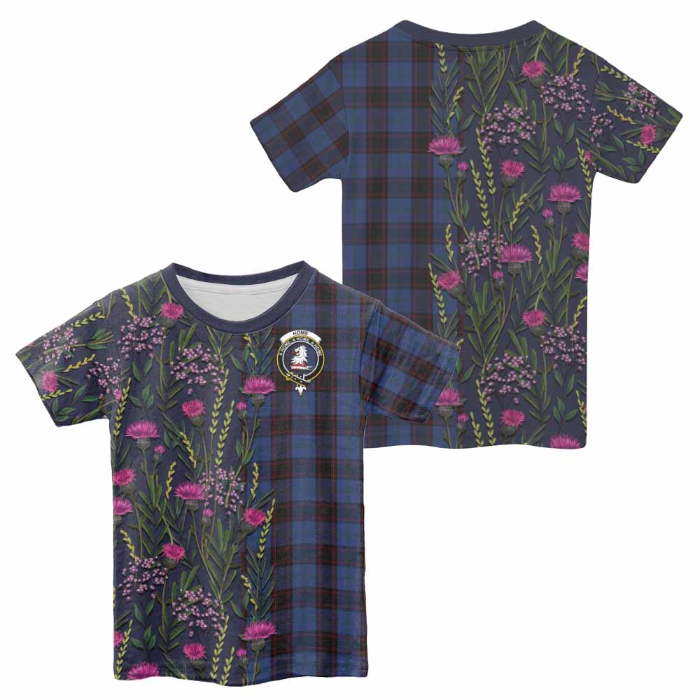 Home (Hume) Family Crest Tartan Kid T-shirt Scottish Thistle Flower Pattern Half Style - Tartan Vibes Clothing