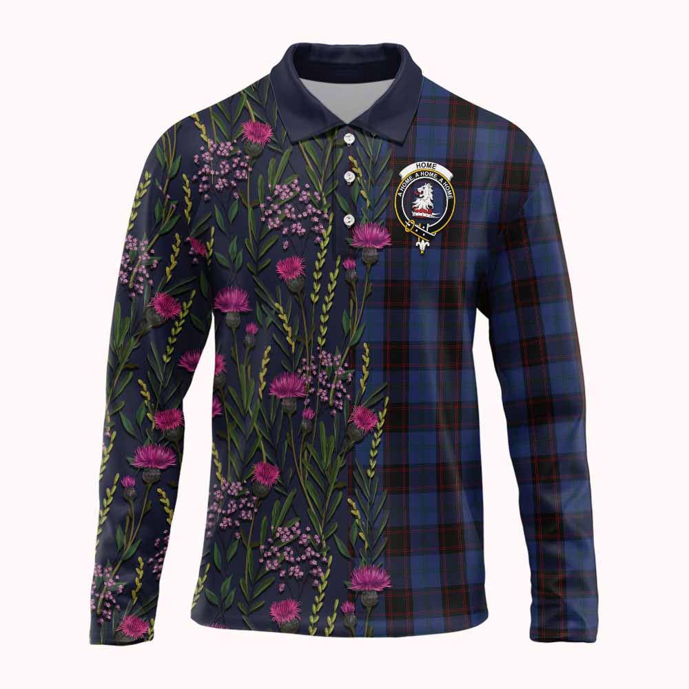 Home (Hume) Family Crest Tartan Long Sleeve Polo Shirt Scottish Thistle Flower Pattern Half Style - Tartan Vibes Clothing