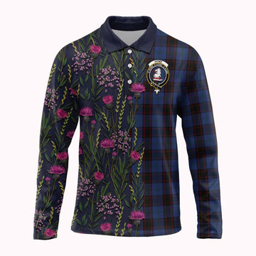 Home (Hume) Family Crest Tartan Long Sleeve Polo Shirt Scottish Thistle Flower Pattern Half Style - Tartan Vibes Clothing