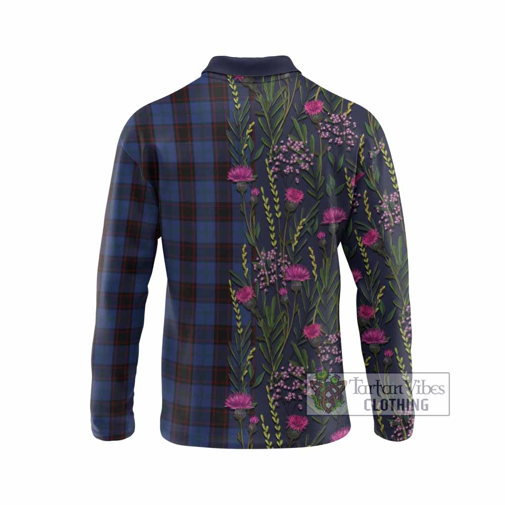 Home (Hume) Family Crest Tartan Long Sleeve Polo Shirt Scottish Thistle Flower Pattern Half Style - Tartan Vibes Clothing