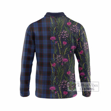 Home (Hume) Family Crest Tartan Long Sleeve Polo Shirt Scottish Thistle Flower Pattern Half Style - Tartan Vibes Clothing