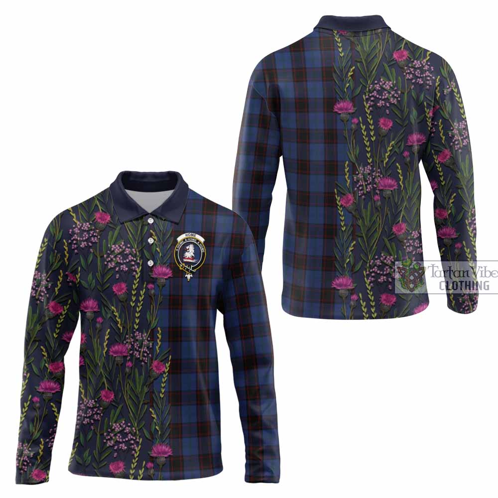 Home (Hume) Family Crest Tartan Long Sleeve Polo Shirt Scottish Thistle Flower Pattern Half Style - Tartan Vibes Clothing
