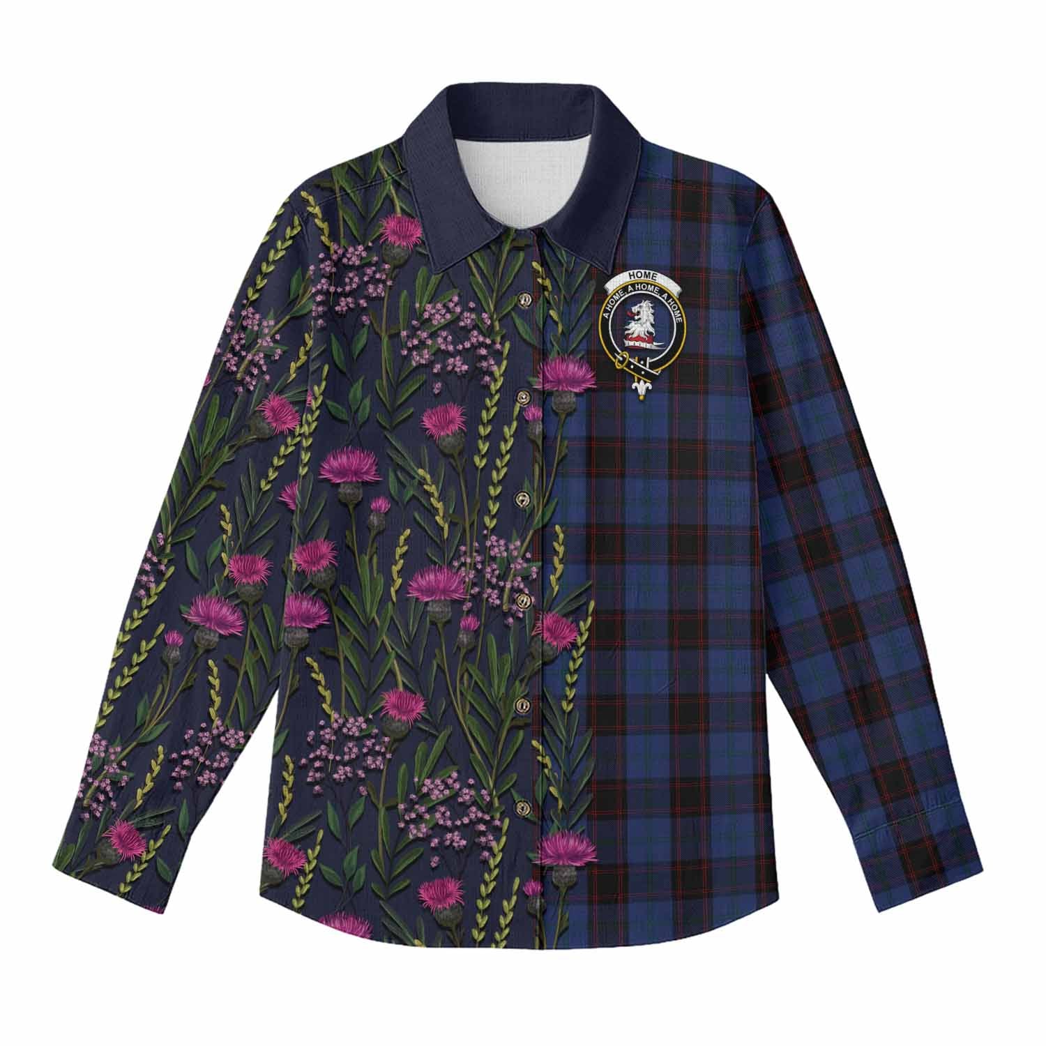 Home (Hume) Family Crest Tartan Women Casual Shirt Scottish Thistle Flower Pattern Half Style - Tartan Vibes Clothing