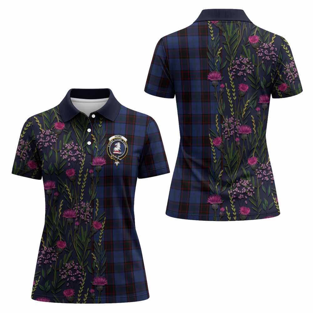 Home (Hume) Family Crest Tartan Women Polo Shirt Scottish Thistle Flower Pattern Half Style - Tartan Vibes Clothing