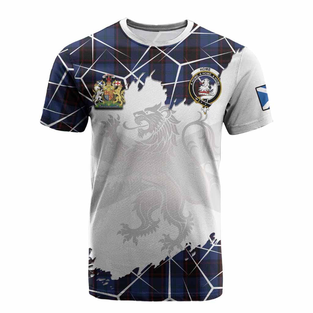 Home (Hume) Tartan Cotton T-shirt with Family Crest and Lion Rampant Grunge Style