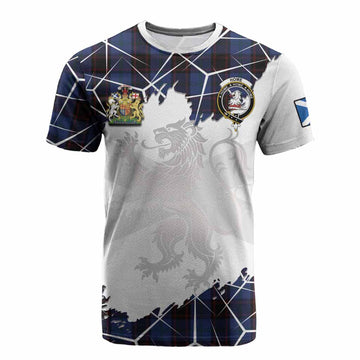 Home (Hume) Tartan Cotton T-shirt with Family Crest and Lion Rampant Grunge Style