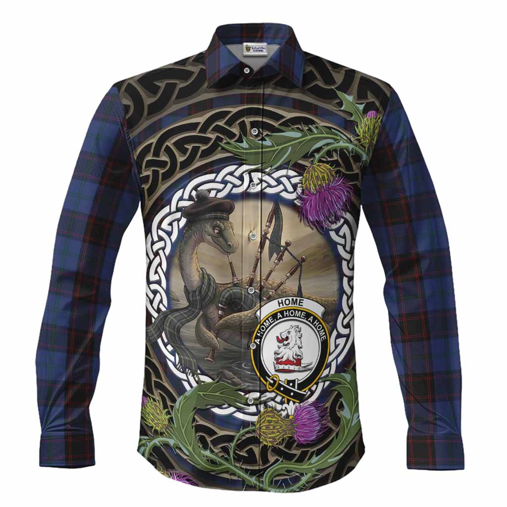 Home (Hume) Tartan Crest Bagpipe Nessie Long Sleeve Button Shirts Scottish Loch Ness Monster Celtic Thistle
