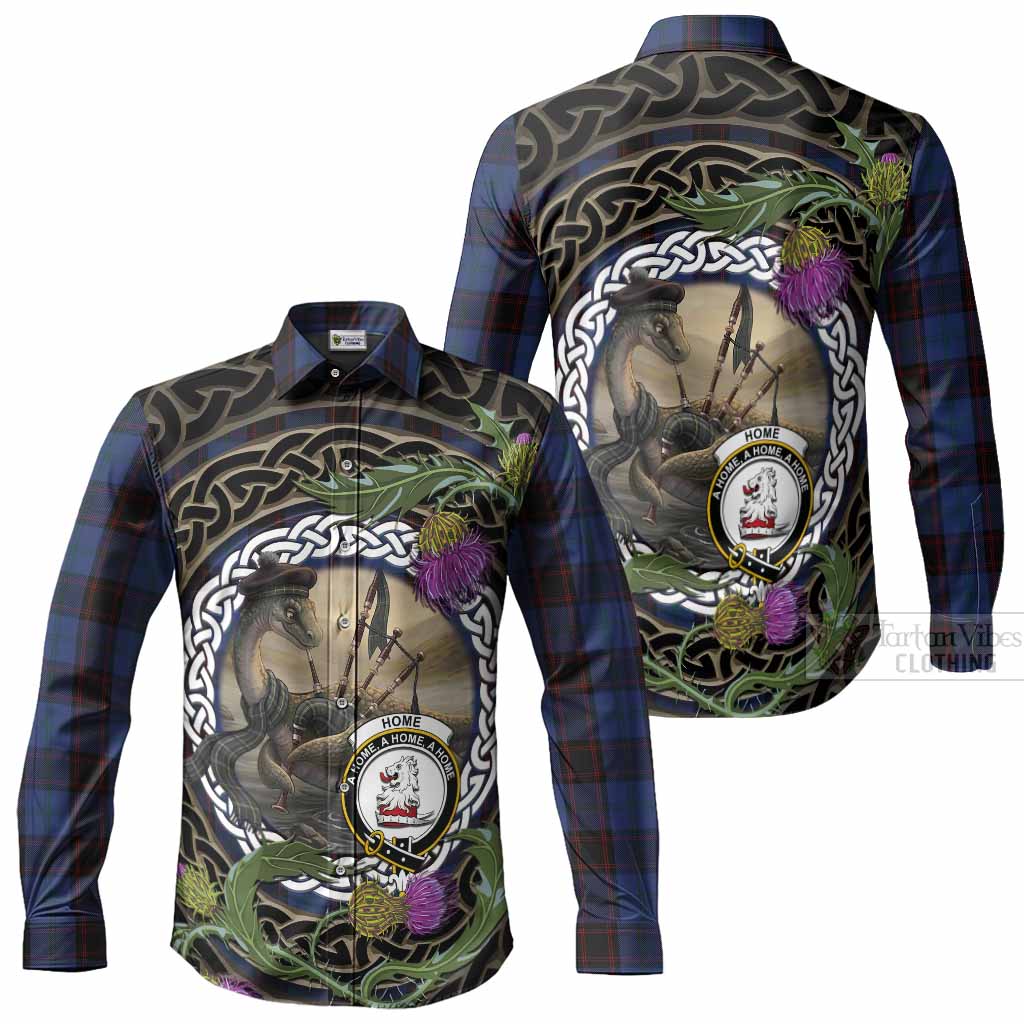 Home (Hume) Tartan Crest Bagpipe Nessie Long Sleeve Button Shirts Scottish Loch Ness Monster Celtic Thistle