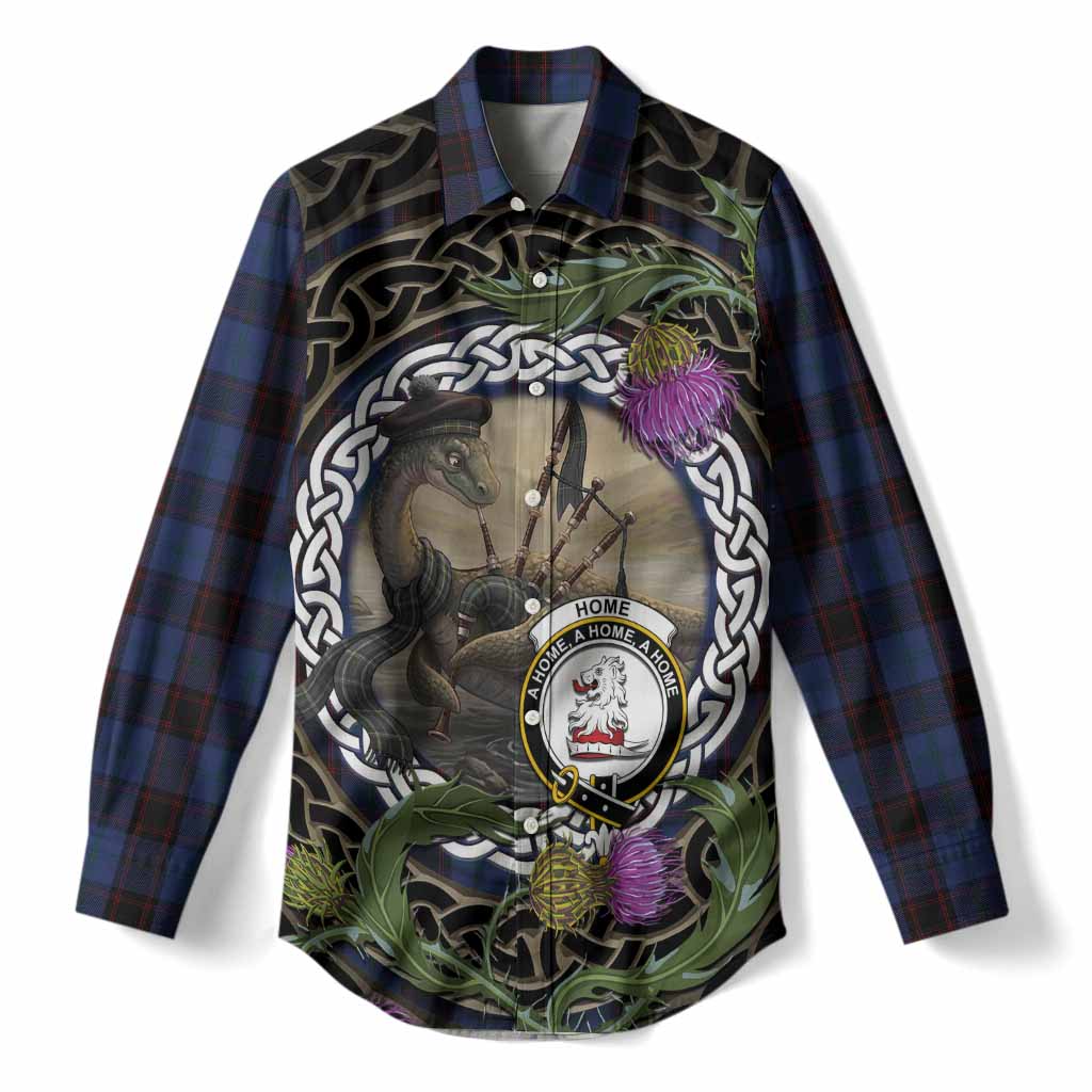 Home (Hume) Tartan Crest Bagpipe Nessie Women Casual Shirt Scottish Loch Ness Monster Celtic Thistle